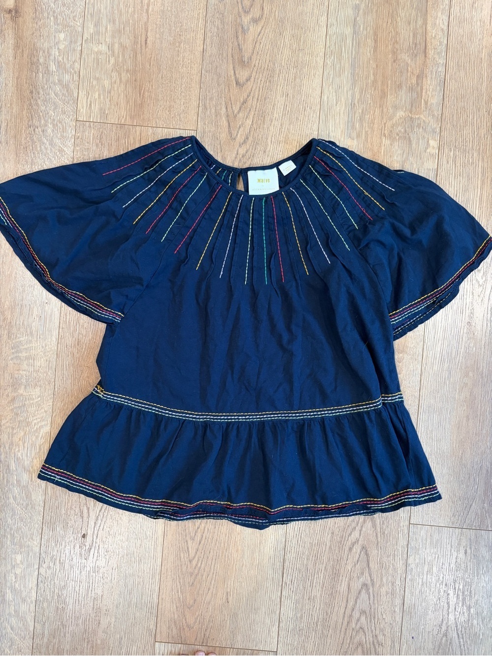 Maeve Anthropologie Navy Embroidered Peasant Blouse XS Boho - Picture 5 of 11